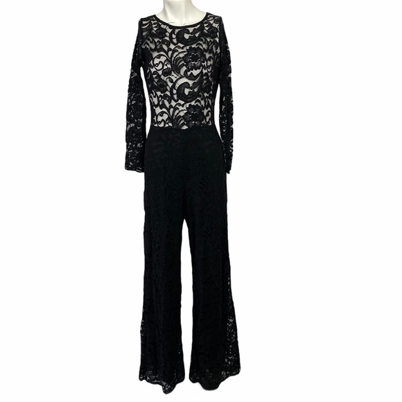 Long Black Jumpsuit W Stretch Lace Top & Low Back - Picture 3 of 16